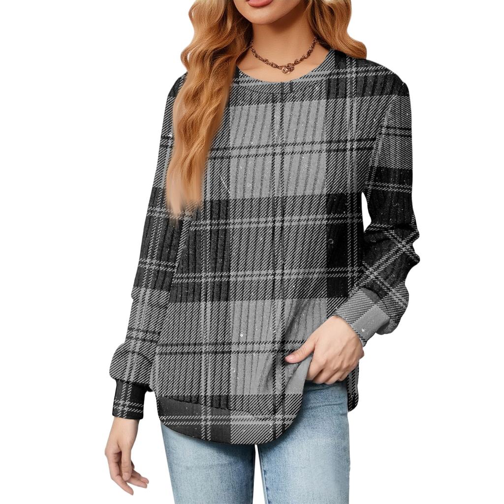 Модный женский легкий свитер с длинными рукавами, в клетку, полоску, с принтом, с круглым вырезом