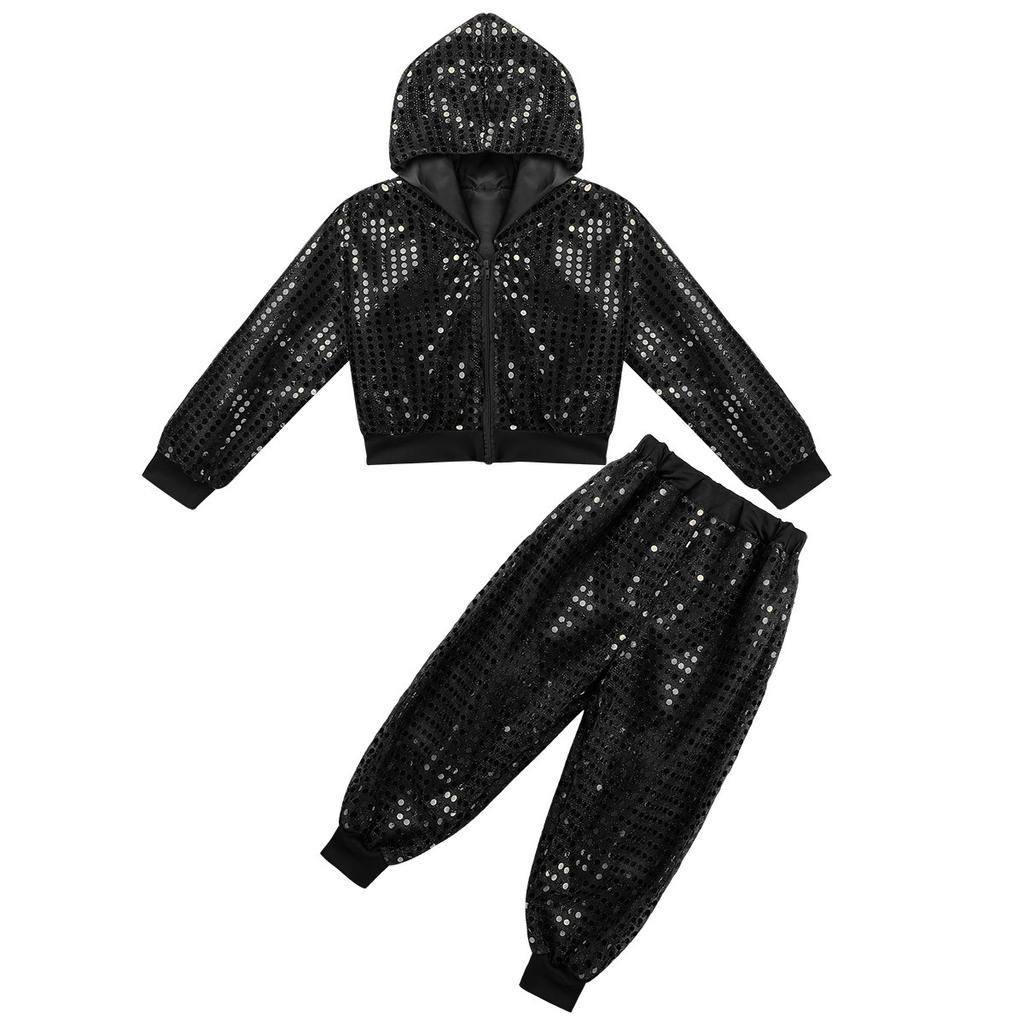 Kids Boys Girls Sparkly Sequins Long Sleeve Hip Hop Jazz Street Dance Costumes Long Sleeve Hooded Jacket Pants Set