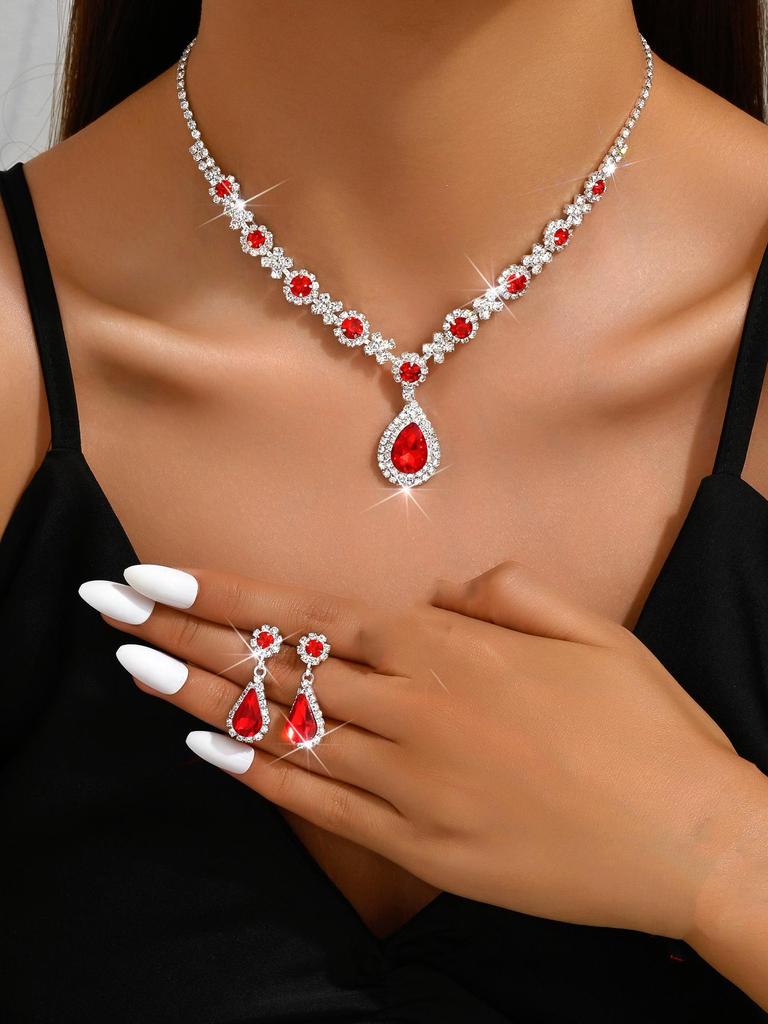 Элегантный комплект украшений из хрустальных драгоценных камней: Ожерелье, серьги, браслет и кольцо в форме капли для женщин