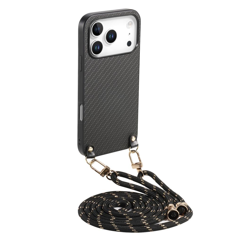 For iPhone 17 Pro Case Carbon Fiber Texture PU+PC+TPU Anti Drop Phone Cover with Crossbody Lanyard
