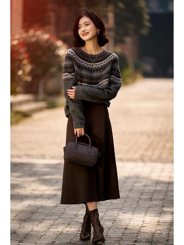 2025 Autumn/Winter Retro Fair Isle Jacquard Round Neck Long Sleeve Sweater