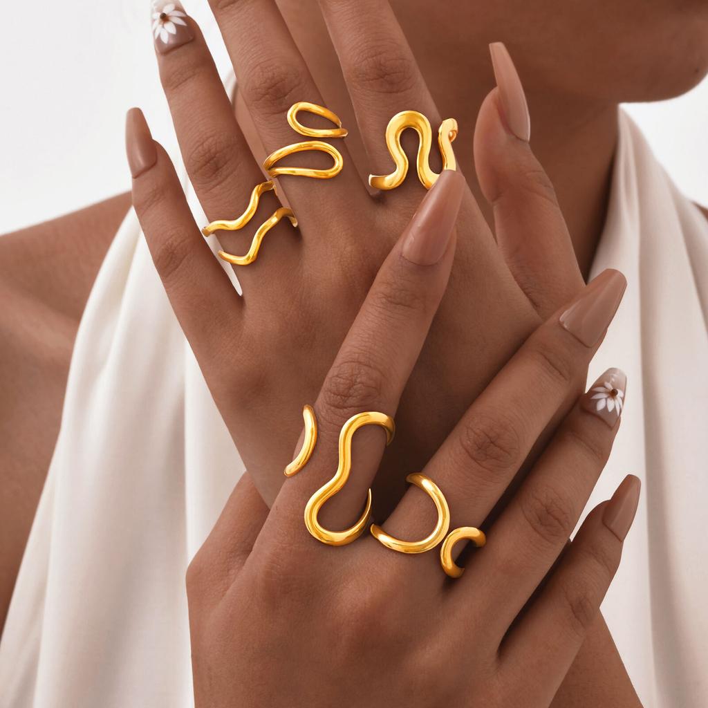 Vnox Stainless Steel Rings For Women Girls,Irregular Line Sense Smooth Open Rings,Simple Atmospheric Finger Jewelry Daily