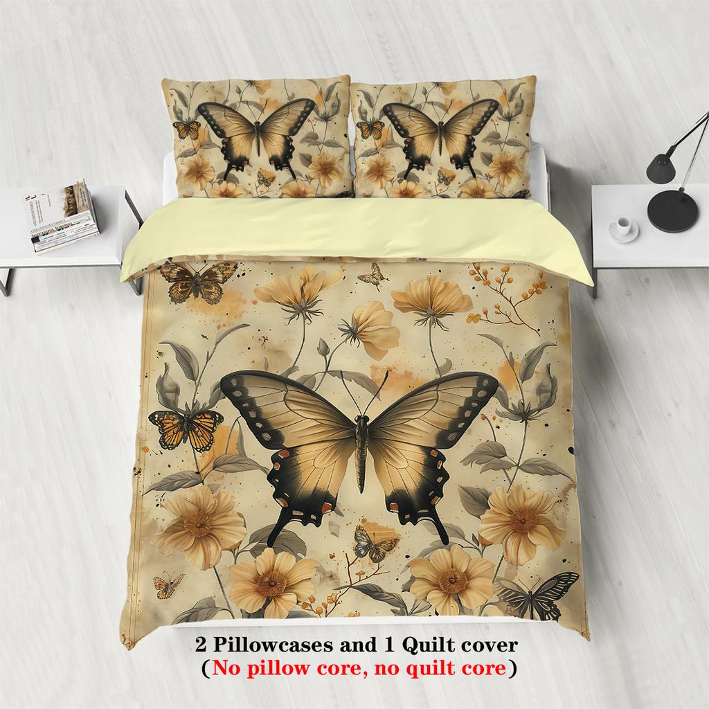 3pcs Retro floral and butterfly pattern bedding set, 1 duvet cover and 2 pillowcases, polyester soft bedroom decoration bedding