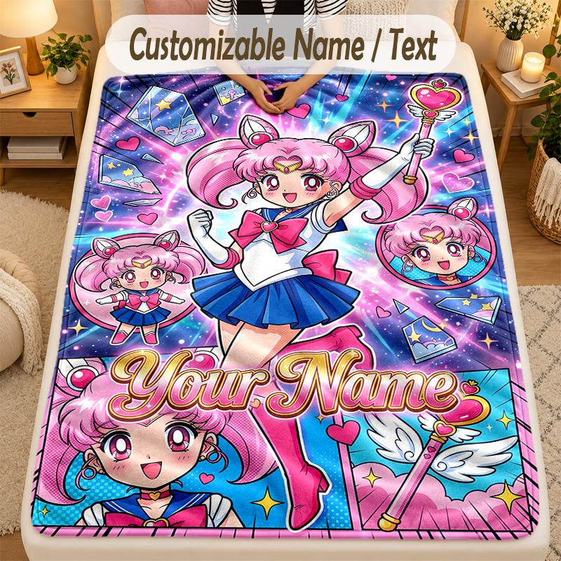 Flannel BlanketSailor Moon Custom Name Text Personalized Soft Warm Throw Blanket Home Decor Gift