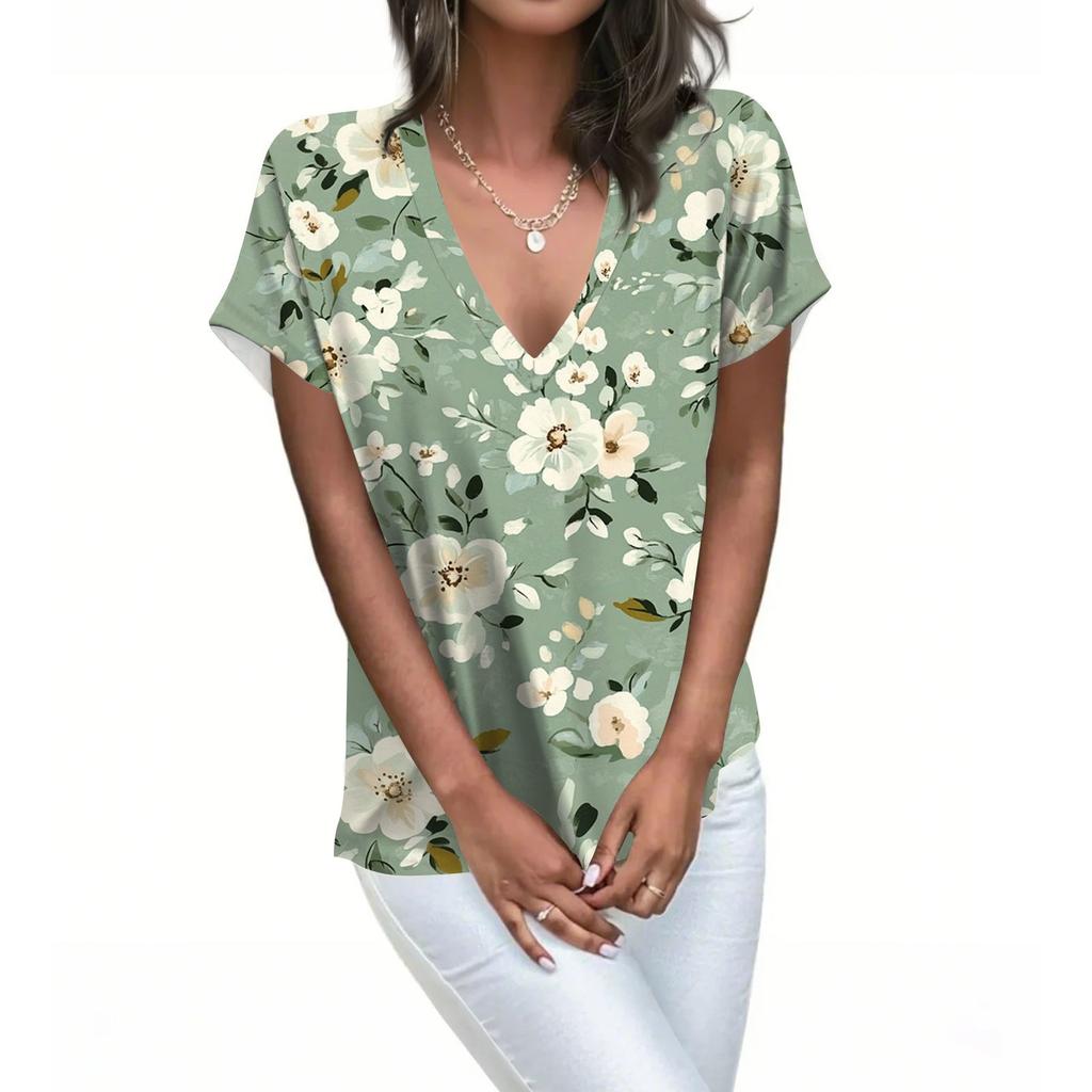 Womens Short Sleeve V-Neck Shirts Floral Print Loose Casual Basic Tees Summer Tops