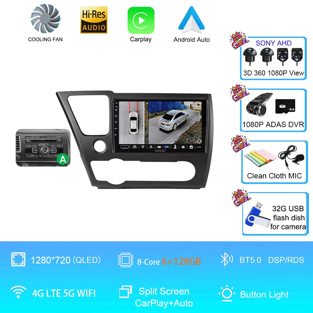 9" QLED 12G 256G Car Radio Android 14 For Honda Civic 9 2013 - 2016 Stereo Wireless Carplay Auto Navigation GPS Multimedia Playe