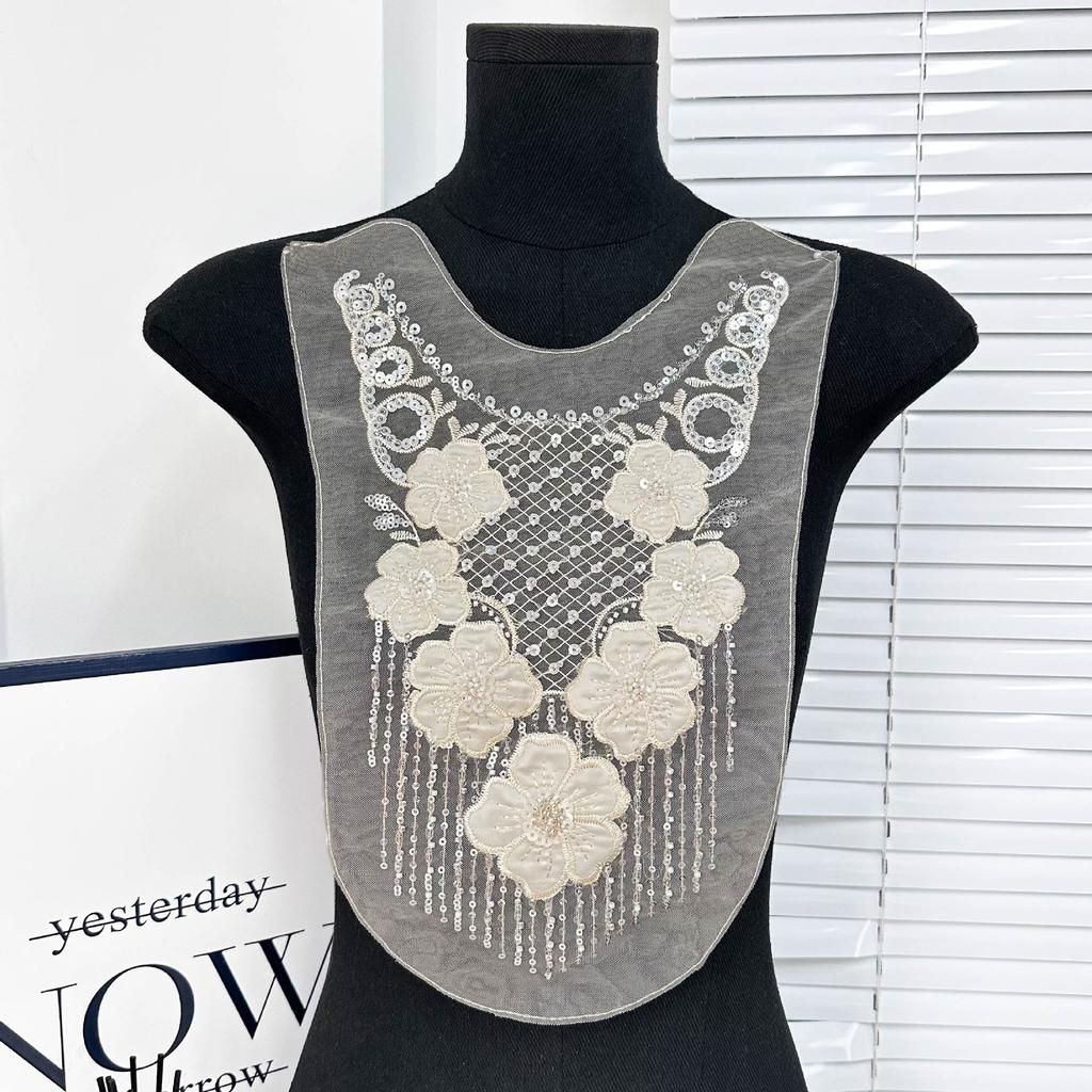 Fashion Mesh Beaded Sequins Embroidery Flower Cloth Sticker Lace Embroidery Placket Collar Wedding Dress Accessories Decal