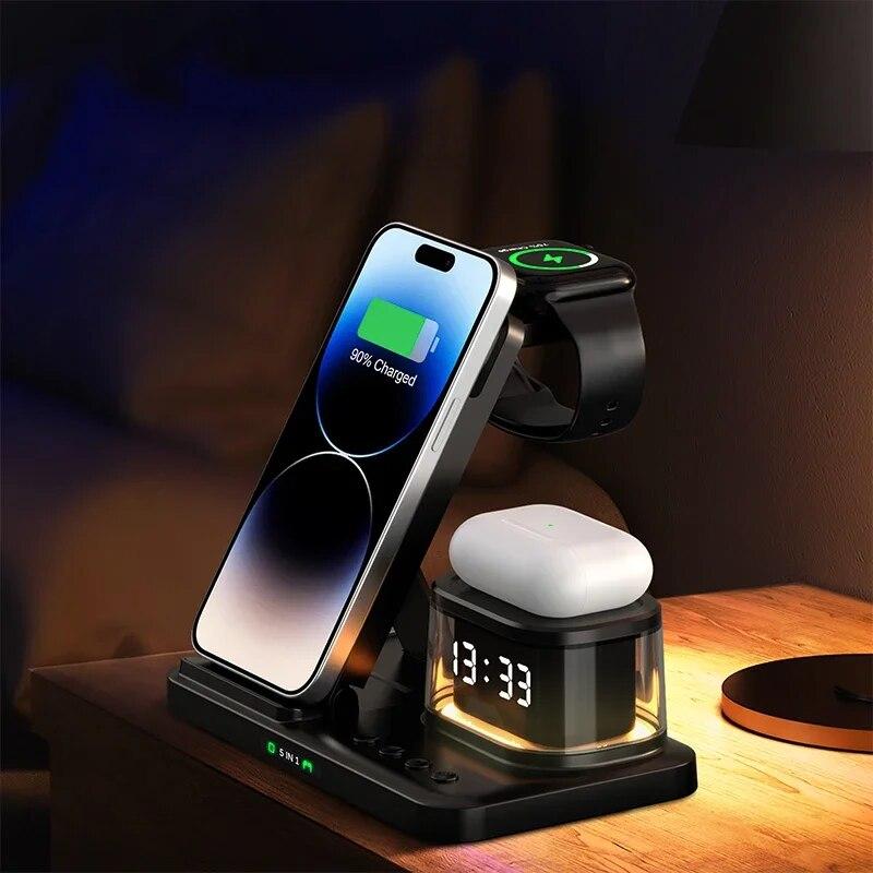 5 In 1 Wireless Charger Stand Foldable Clock RGB Night Light Fast Charging Station For iPhone15 14 13 12 Apple Watch Airpods Pro