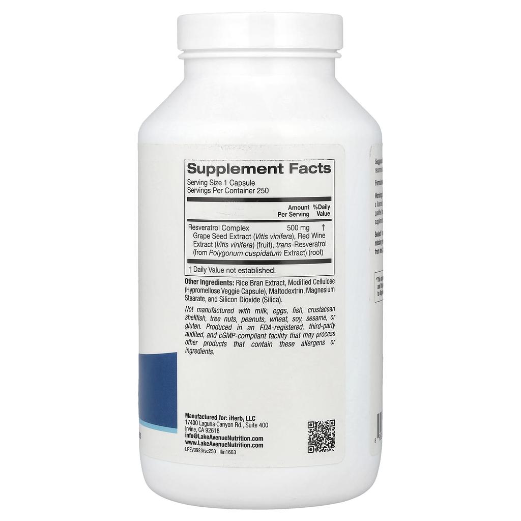 Комплекс ресвератрола с экстрактом виноградных косточек, экстрактом красного вина и транс-ресвератролом, 500 мг, 250 вегетарианских капсул