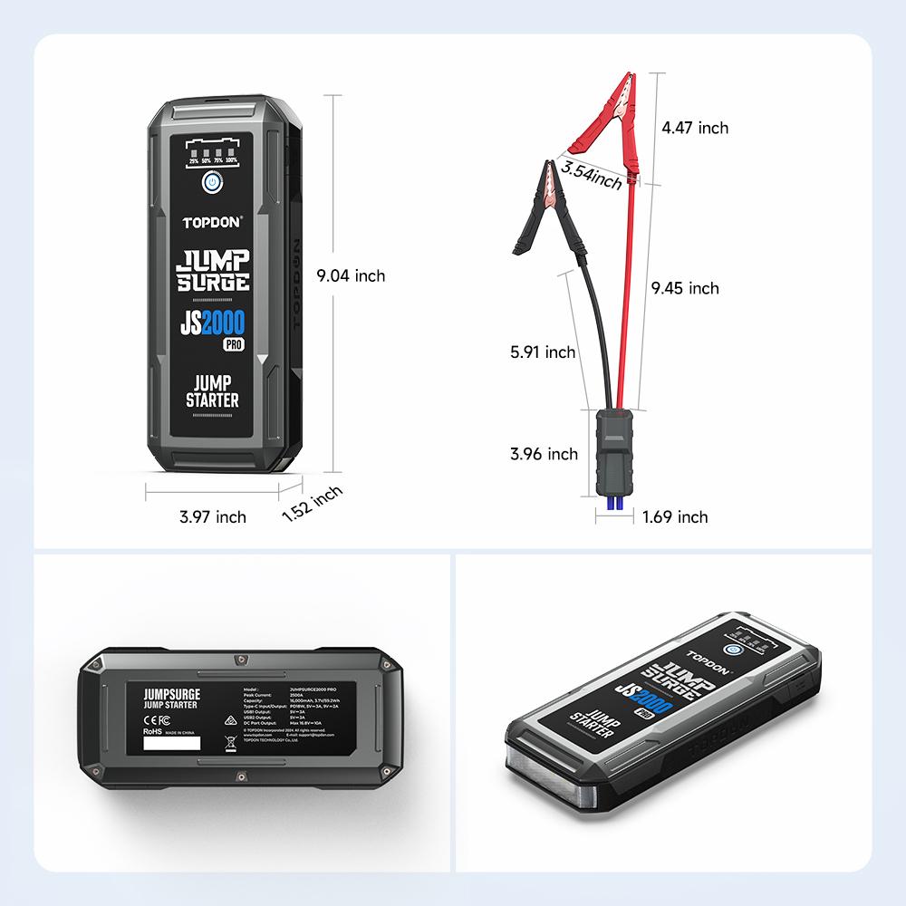 Topdon JS2000 pro/JS1500/JS1200pro 2500/1800/1200A Пусковое устройство Power Bank 12V Стартер для автомобиля Аккумулятор 16000 мАч для бустера