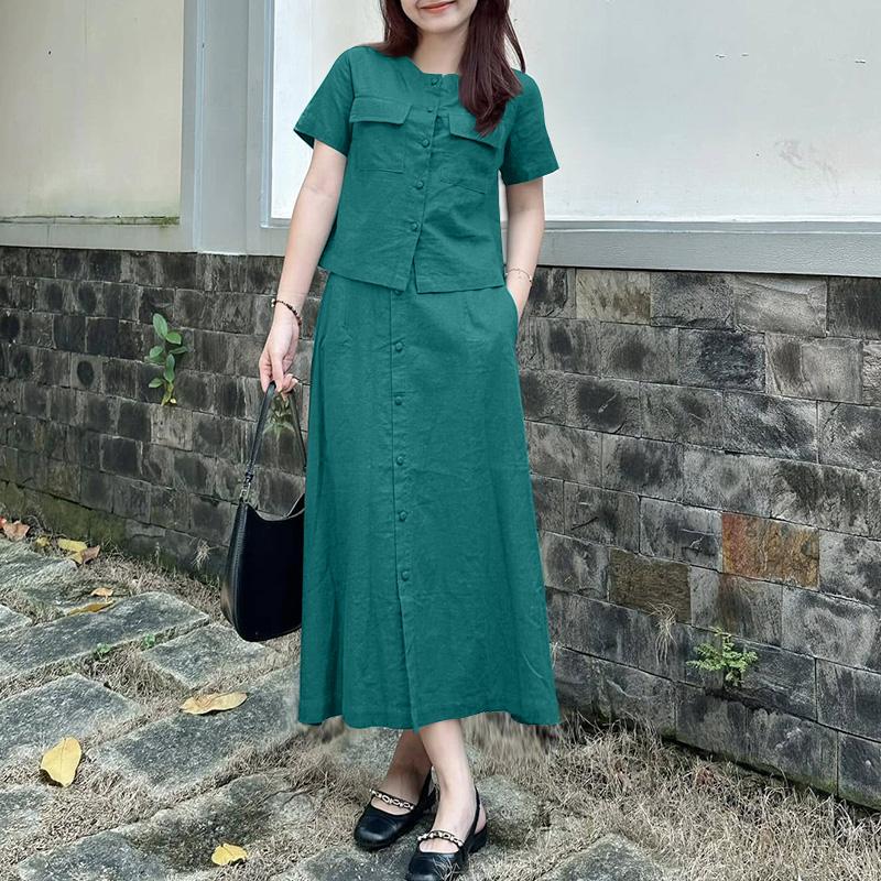 ZANZEA Женские летние комплекты из двух частей: блузка с коротким рукавом и длинные юбки