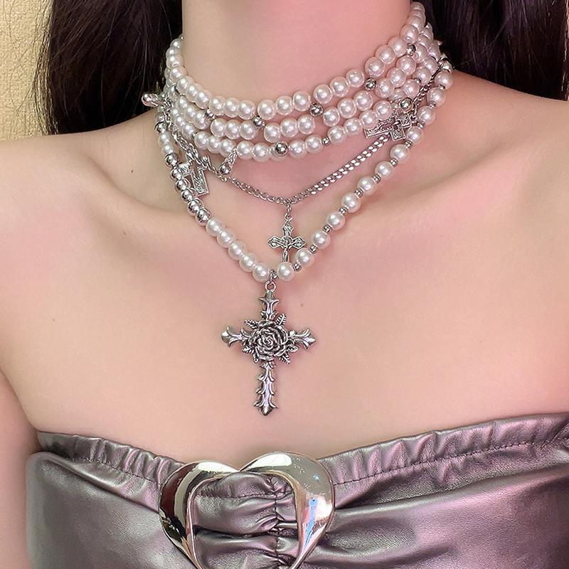 Personalized Multi-Layered Pearl Cross Pendant Necklace Clavicle Chain For Women Temperament Jewelry Accessories Gifts