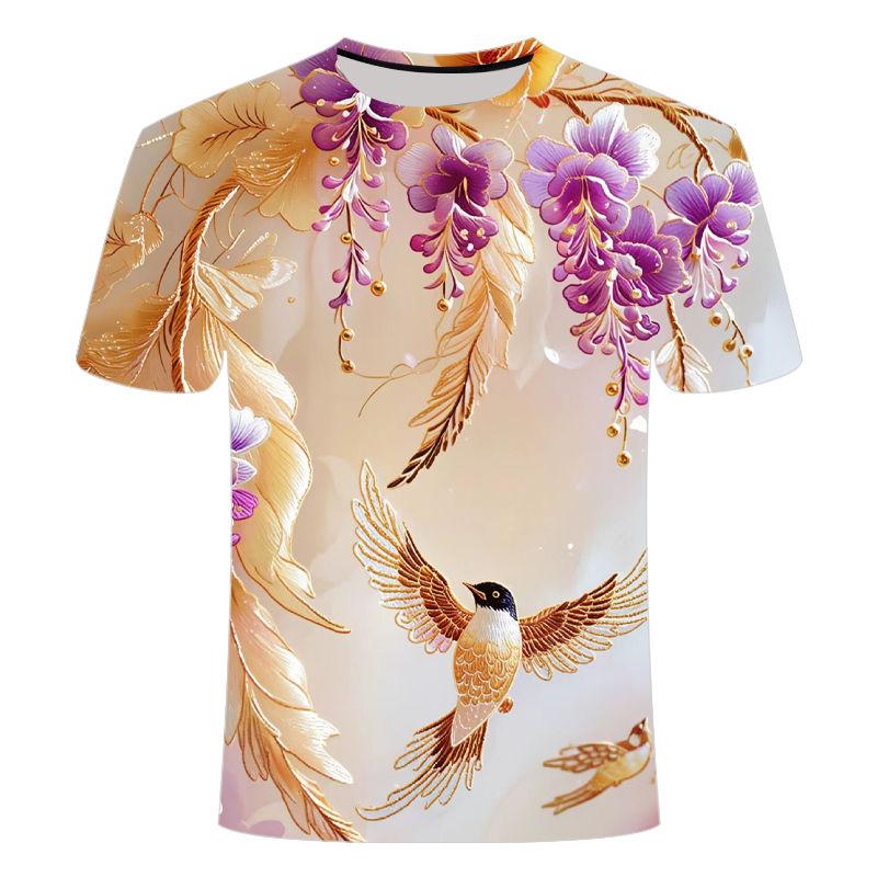 2024 Summer New Men's and Women's 3D Printed Round Neck T-shirt Popular, Personalized New Chinese Bird Series
