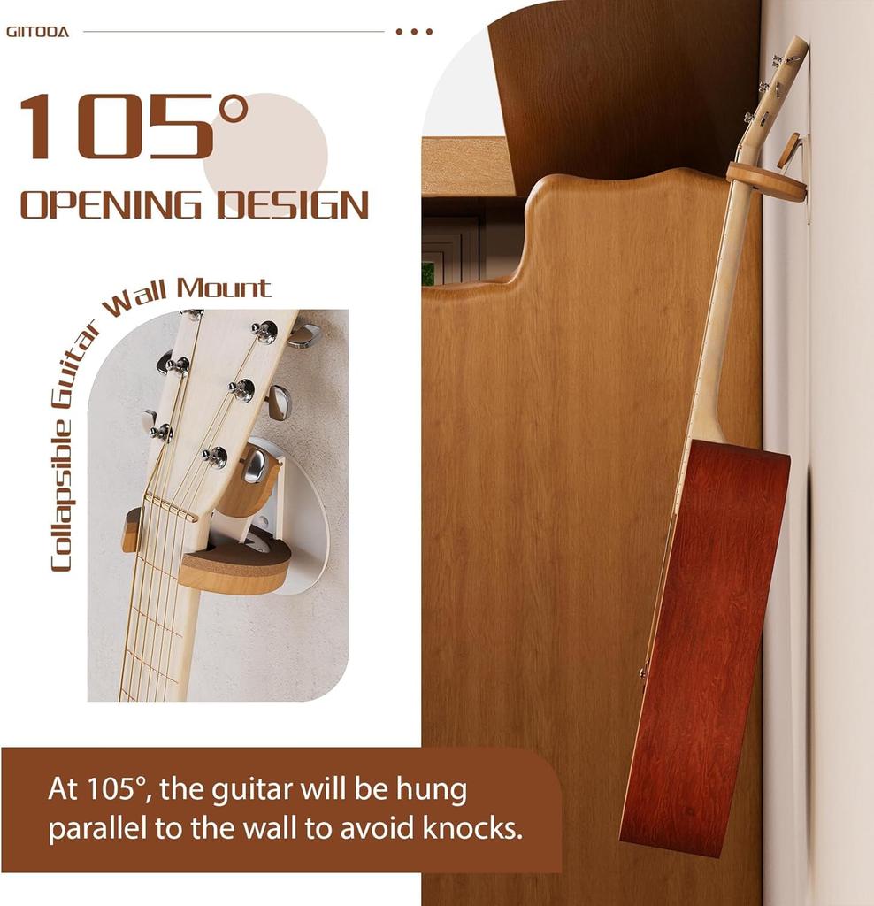 BURNING&LIN Складной настенный держатель для гитары, Оригинальный дизайн из массива дерева и пробки, Компактный держатель, Настенная подставка-крючок для акустической гитары, банджо,