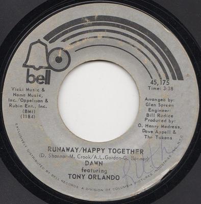 7-дюймовая пластинка DAWN, TONY ORLANDO - Runaway / Happy Together 45175 Bell Records 1972 США Рок Б/У