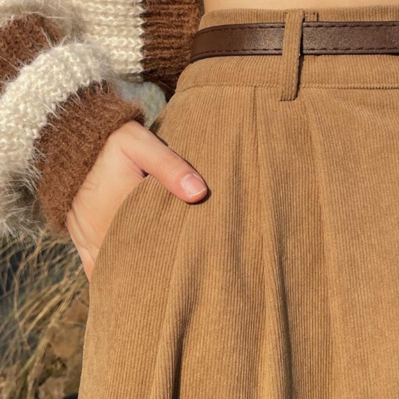 Женская коричневая юбка осень-зима с высокой талией, длинная вельветовая юбка, женские плиссированные юбки А-силуэта в студенческом стиле