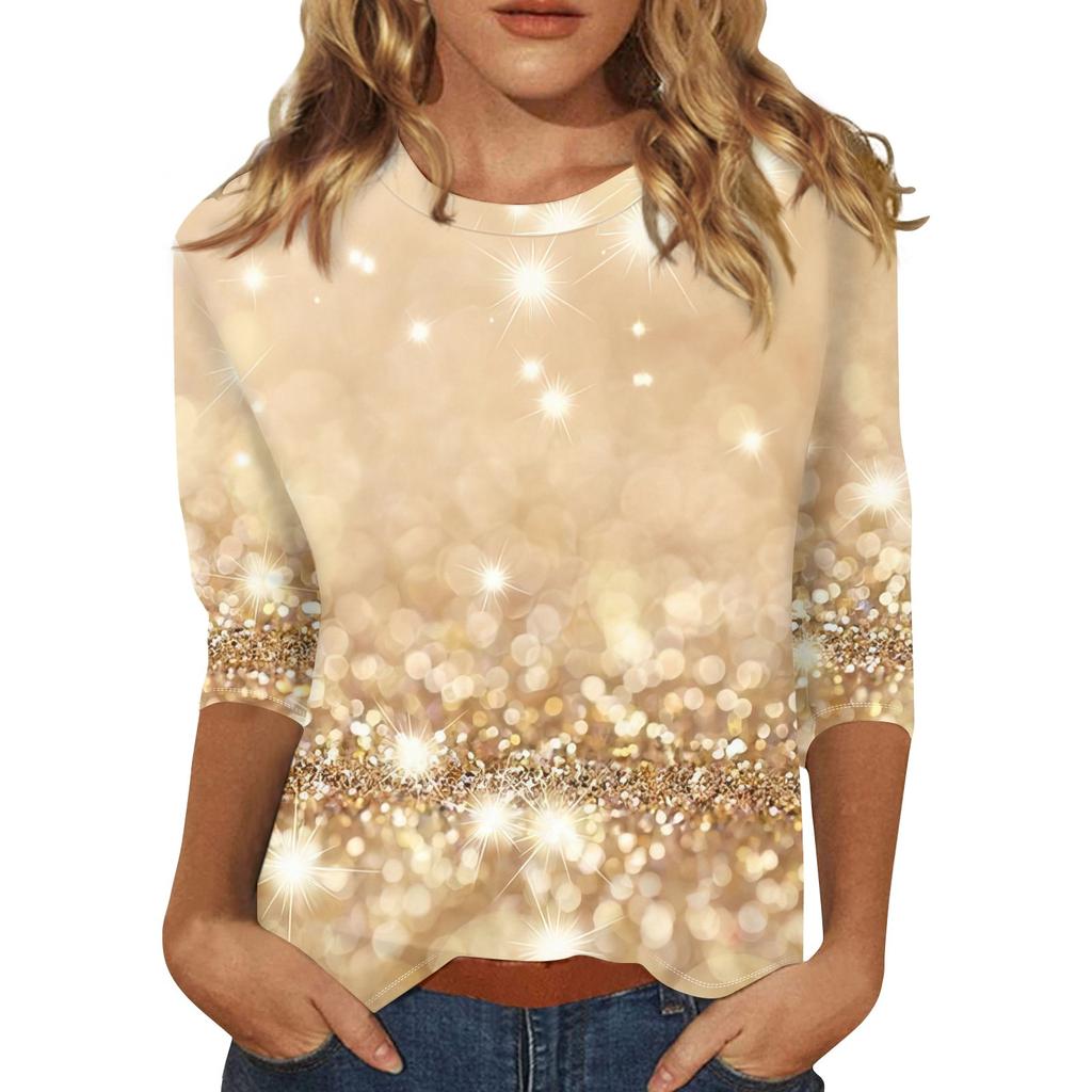 Women's Fashion Casual Three-quarter Sleeve Sequin Printed Round Neck Top