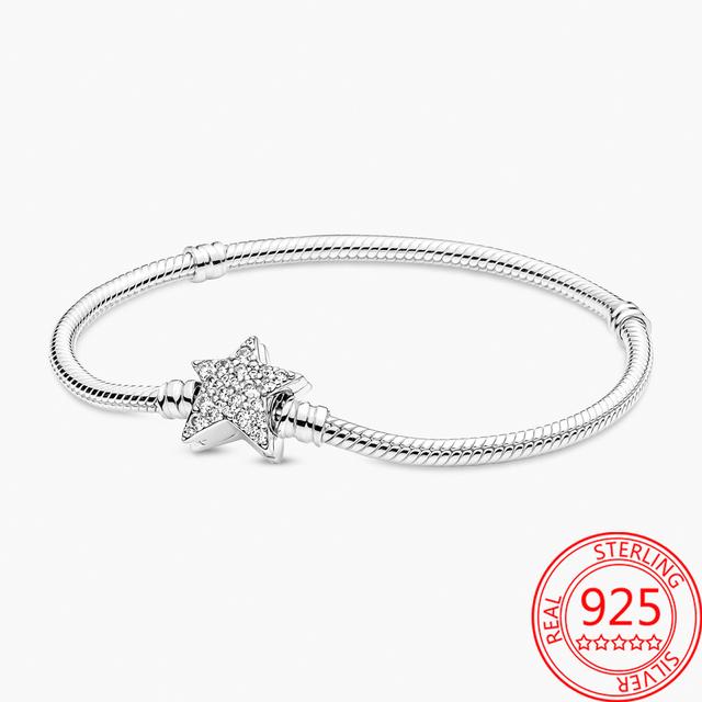Подлинный браслет Classic Moment из стерлингового серебра S925 пробы со сверкающей круглой застежкой в форме сердца и звездой Pav éBracelet для девушки, ювелирное украшение в подарок