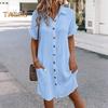 Женское хлопковое льняное платье, повседневное платье на пуговицах с V-образным вырезом и карманами, летний пляжный сарафан с коротким рукавом