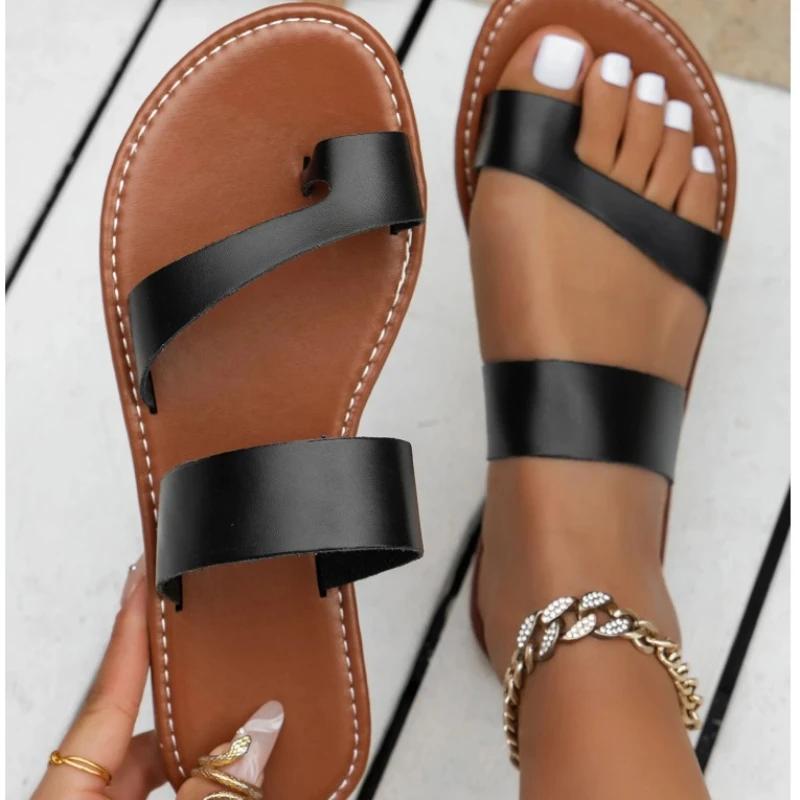 Модные женские тапочки больших размеров 2024 года, модные однотонные туфли на плоской подошве, модные тапочки с открытым носком, женская повседневная пляжная обувь