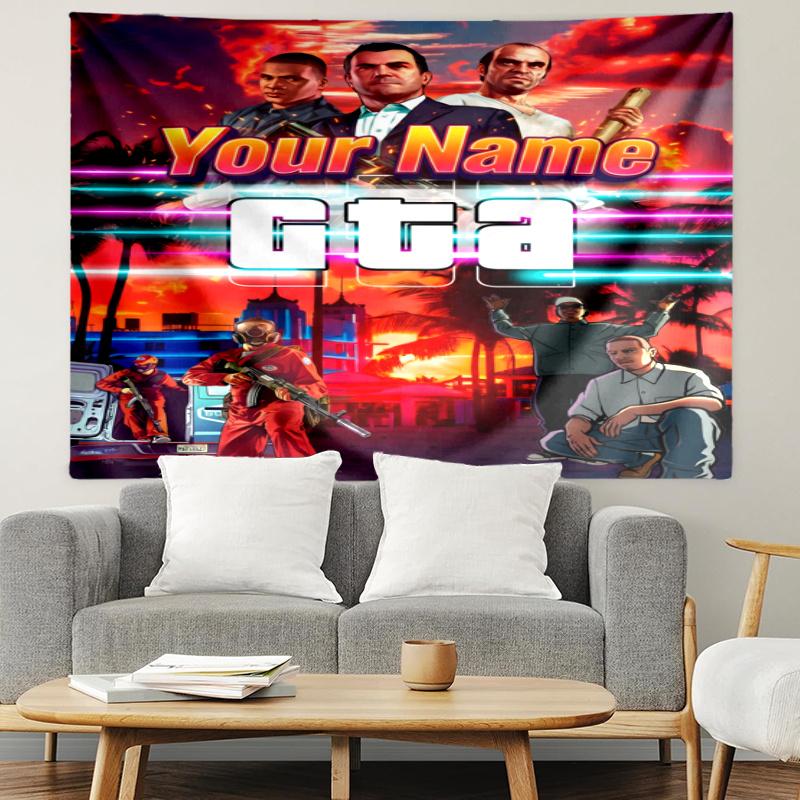 Personalized Name GTA Tapestry, Wall Hanging Tapestry, Pattern Tapestry for Dorm Bedroom Living Room Wall Art Photography Backdrop