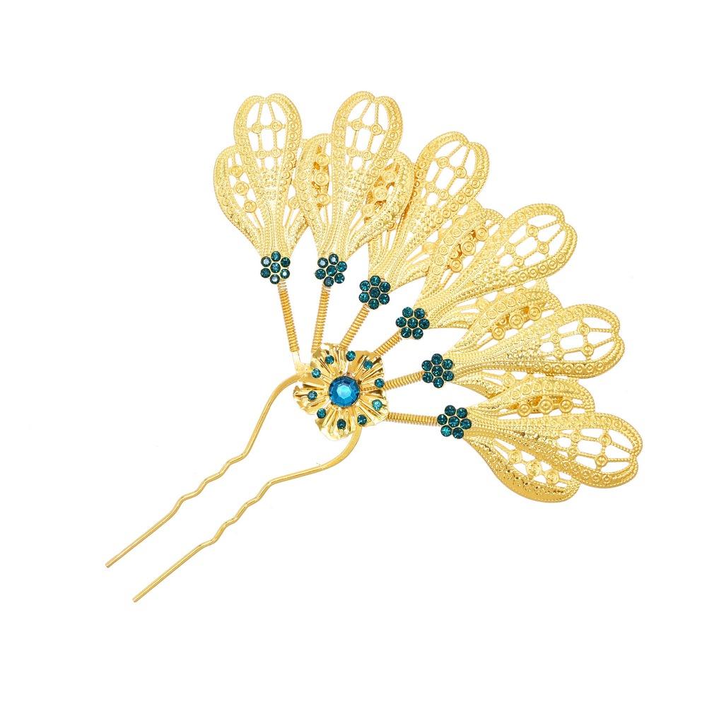 Metal Thai Style Leaf Hair Stick Golden Ethnic Headdress Jewelry Rhinestone Flower Hairpin Party