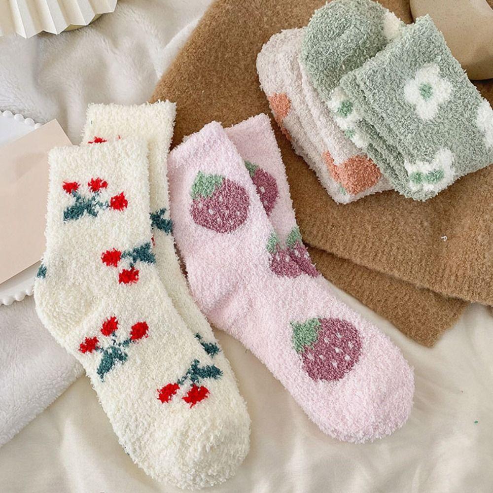 Flower Strawberry Floor Plush Socks Thickened Warm Socks Women Cute Coral Fleece Socks  Autumn