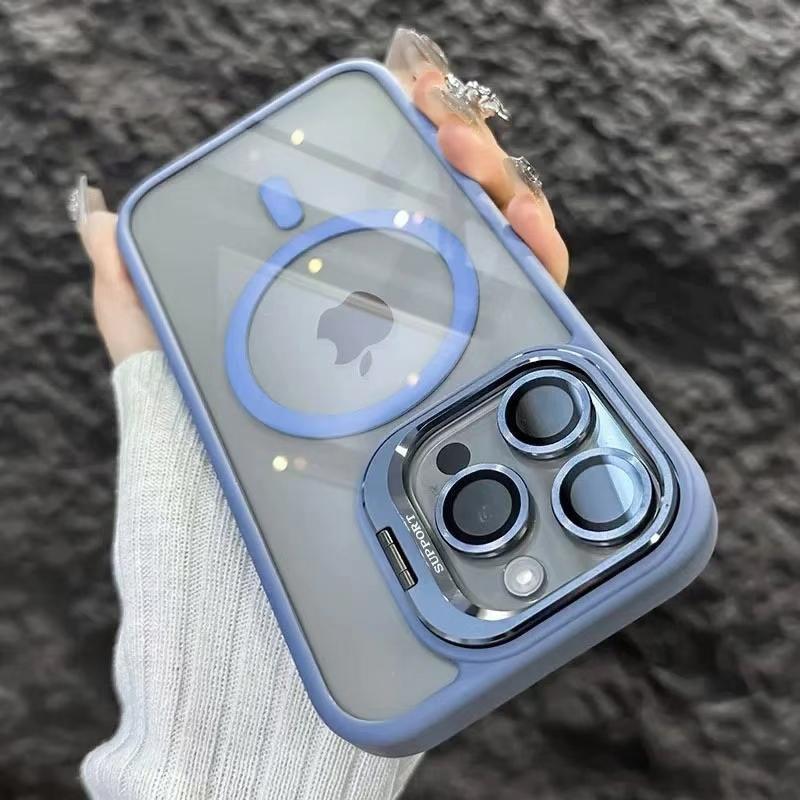 KEYSION Magnetic Transparent Phone Case for MagSafe for iPhone 15 16 Pro Max 16 Plus 16e Lens Protector Metal Stand Shockproof Cover