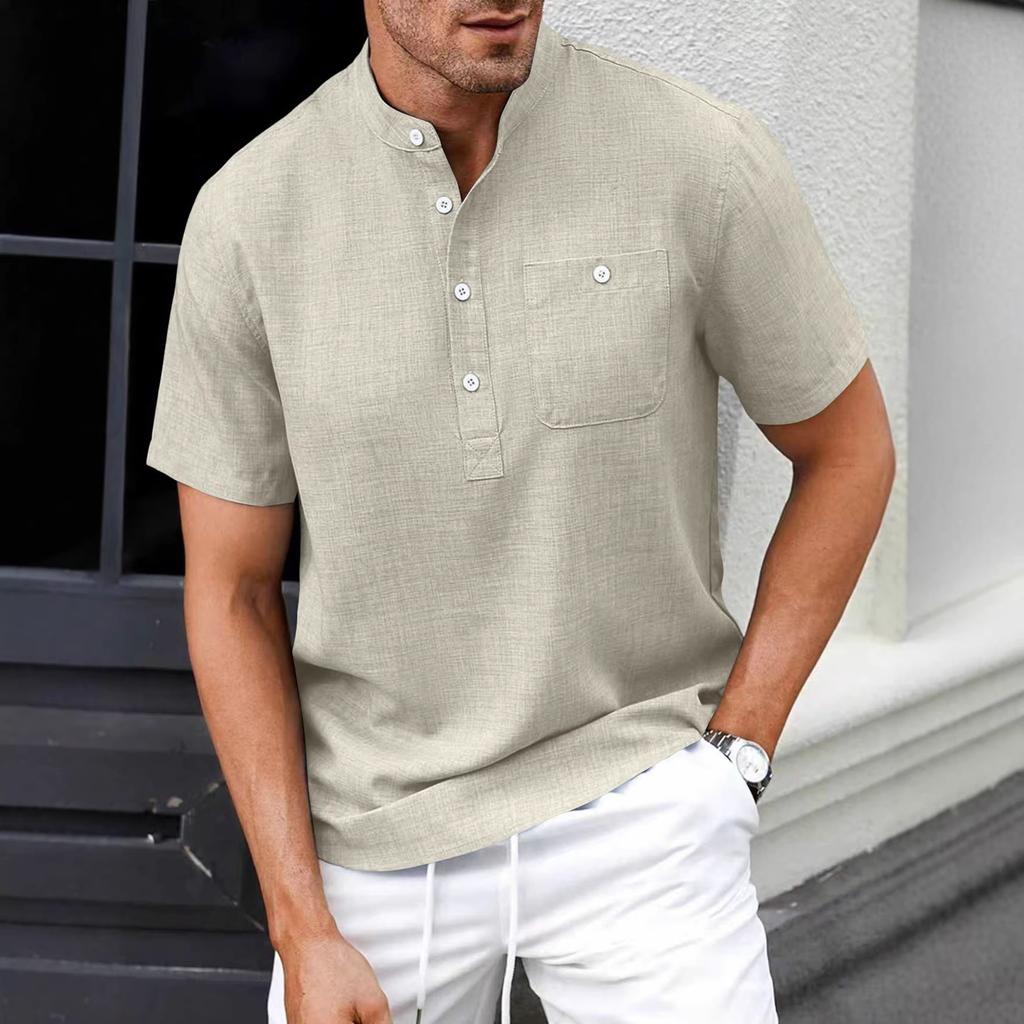 Мужская повседневная рубашка-henley с воротником-стойкой, коротким рукавом, свободного кроя, однотонная