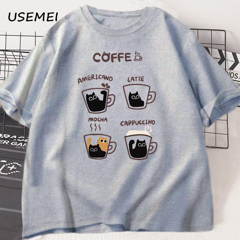 Cartoon Coffee Cat T-Shirts Men Women Summer Harajuku Kawaii Cat Printed Short Sleeve Tees Funny Streetwear Loose Clothes