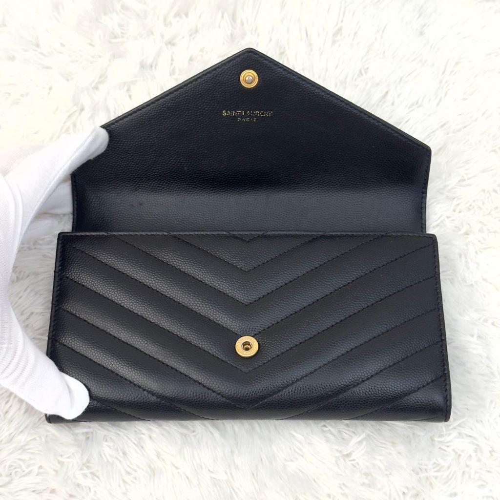 Б/у SAINT LAURENT Saint Laurent Большой клатч-кошелек Cassandra Черный Черный Стежка V