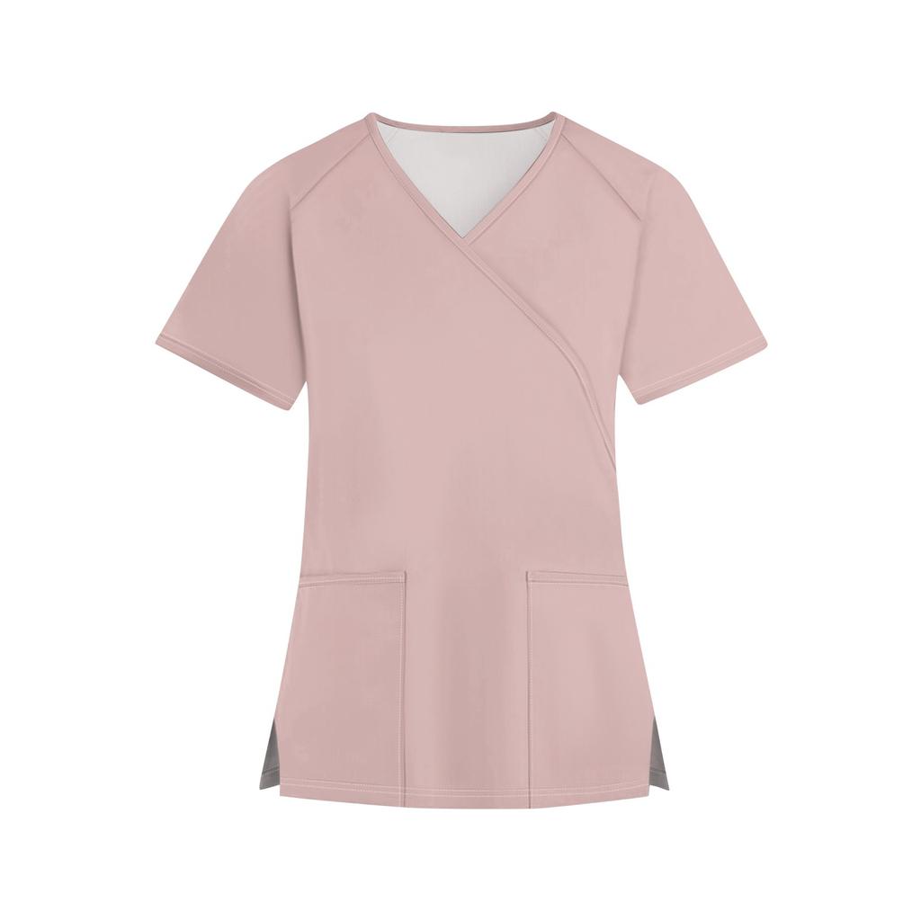 Женская мода однотонная рабочая одежда с v-образным вырезом и короткими рукавами с карманами, топы