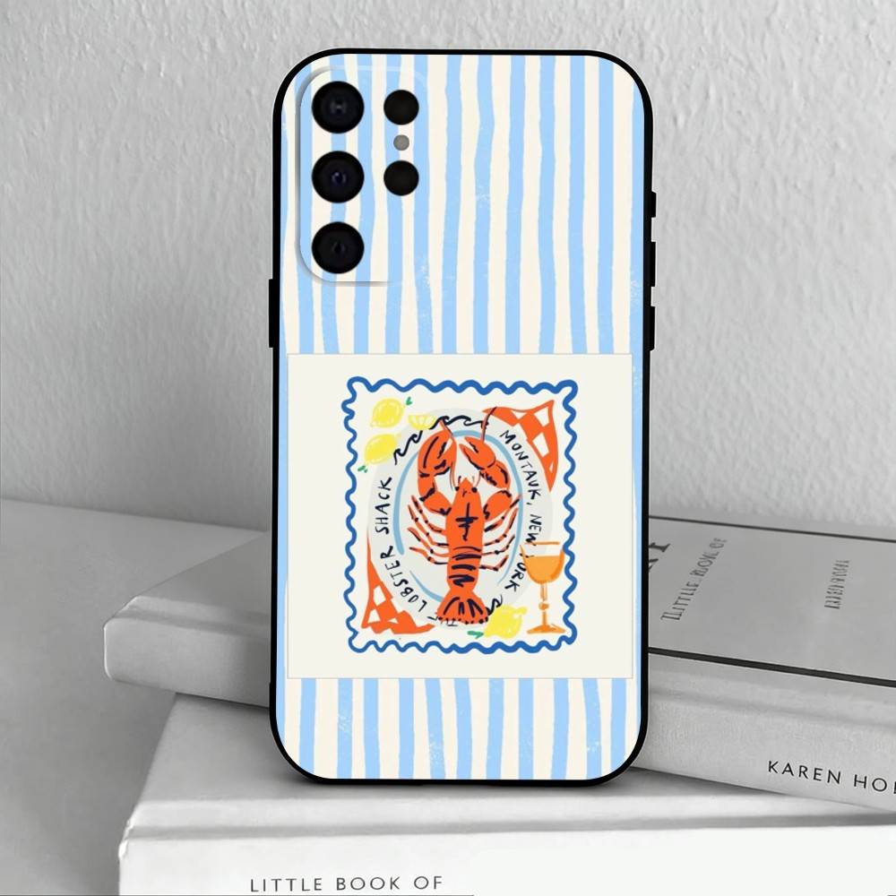 Чехол для телефона L-Lobster On S-Stripes Ocean для Samsung S25,24,23,22,30,21,10,9,Ultra,Plus,Lite,FE,4,5 G Мягкий черный чехол