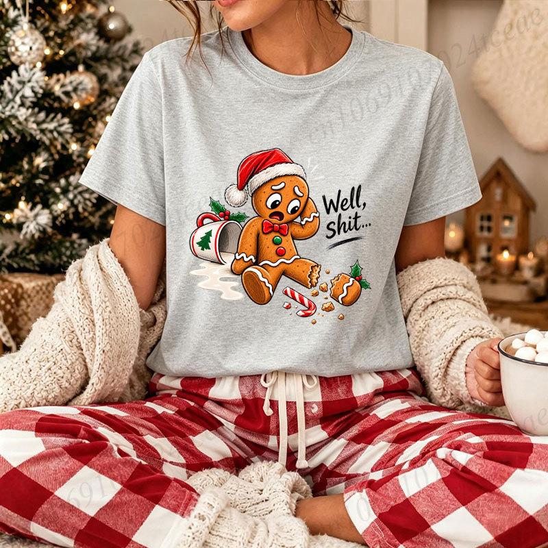 Funny Gingerbread Man Christmas T‑Shirt Well Shit Graphic Tee Xmas Santa Hat Print Short Sleeve Casual Holiday Party Tops Gifts