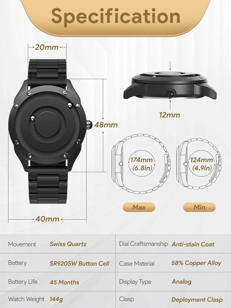 Парные магнитные часы с шарикоподшипником, кварцевые часы, минимализм, повседневные, водонепроницаемые, 40 мм, черный циферблат, черный браслет из нержавеющей стали [EUTOUR] мужские