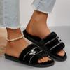 Metal Butterfly Decor Plush Slippers Women Indoor Home Open Toe Faux Fur Slides Woman Shiny Crystal Comfortable Fluffy Slippers