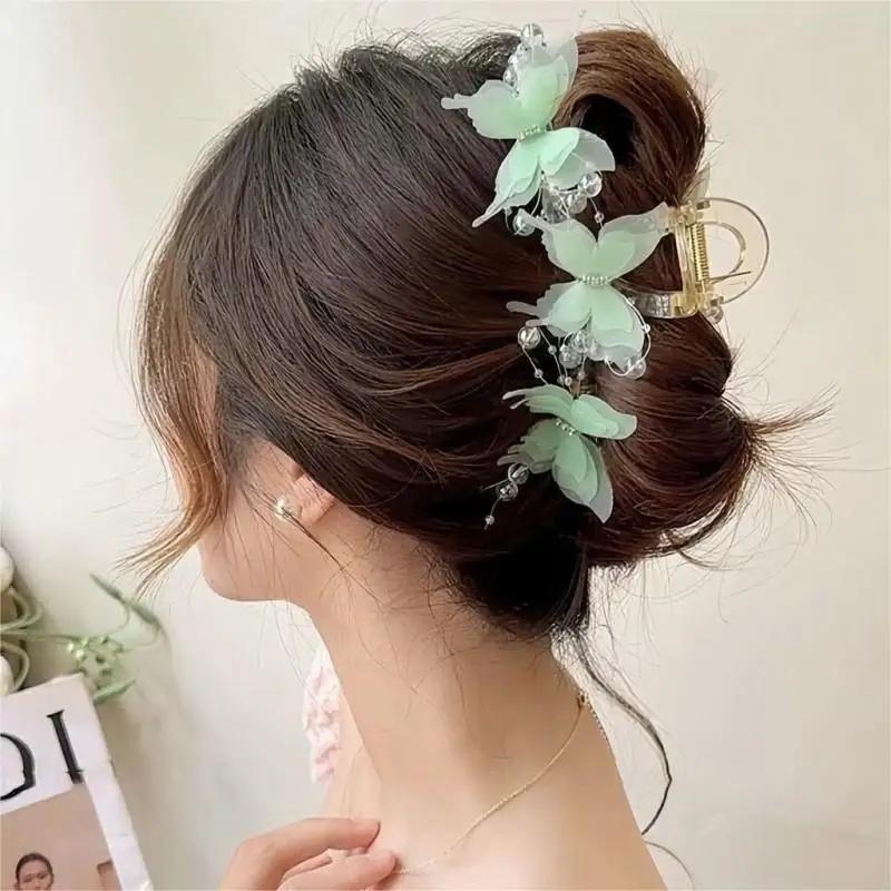 Light Blue/Pink Sheer Butterfly Claw Clip | Pearl Rhinestone Fairycore Hair Grabber | Elegant Romantic Hair Accessory