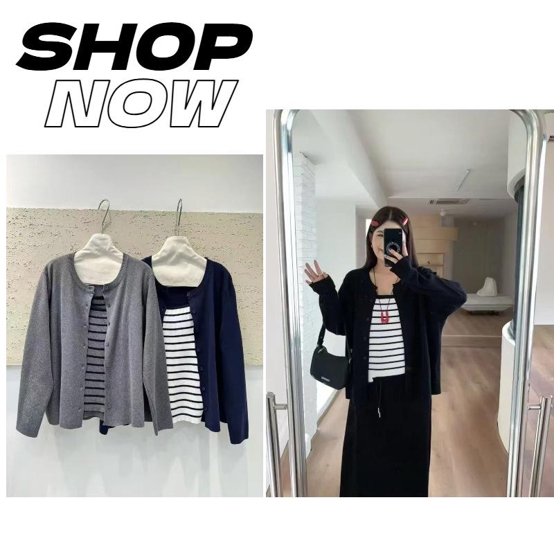 Korean College Style Striped Patchwork Two-Piece Women's Knitted Sweater