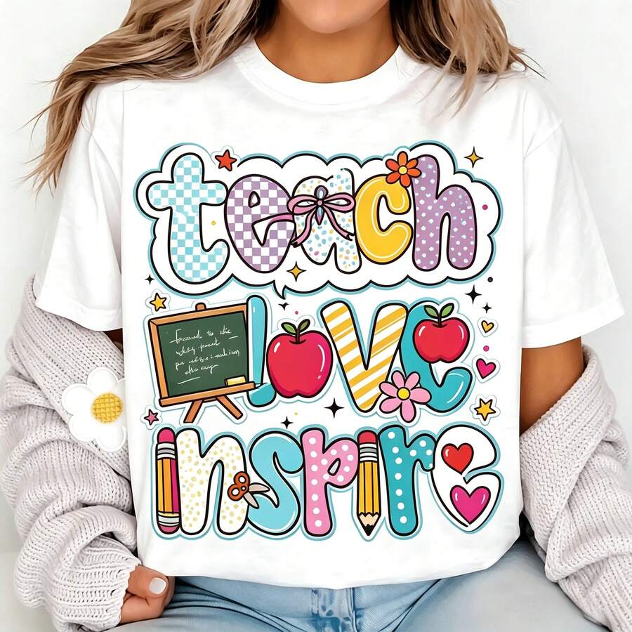 Teacher Appreciation Casual Gift Graphic Tee "Teach Love Inspire" Pink Educator Theme Crew Neck Short Sleeve Casual Tops