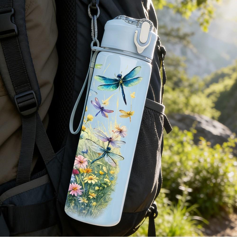 1PC Dragonfly Pond Watercolor Nature Print 750ml Color Plastic Sports Water Bottle Leakproof Flip Straw Lid Suitable for Sports Office Home Use