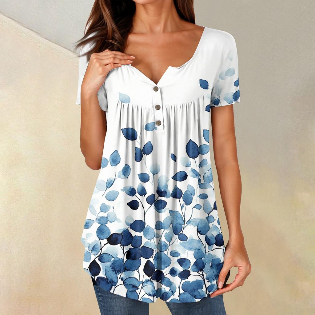Women Tunic Tops Dressy Casual Summer Short Sleeve Shirts Loose Fit Pleated Boho Top