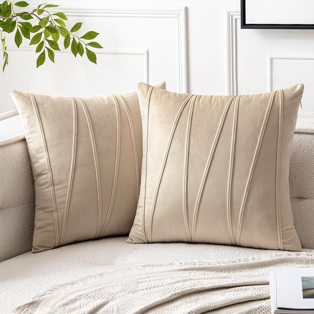 Modern Minimalist Velvet Throw Pillow Cover with Wavy Line Design, Solid Color for Sofa Couch Decorative Cushion Case 18x18 Inches Single