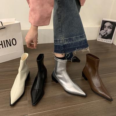 Французская мода толстый каблук короткие ботинки женская обувь 2025 новые весенне-осенние одинарные ботинки острый нос серебристые темпераментные тонкие ботинки