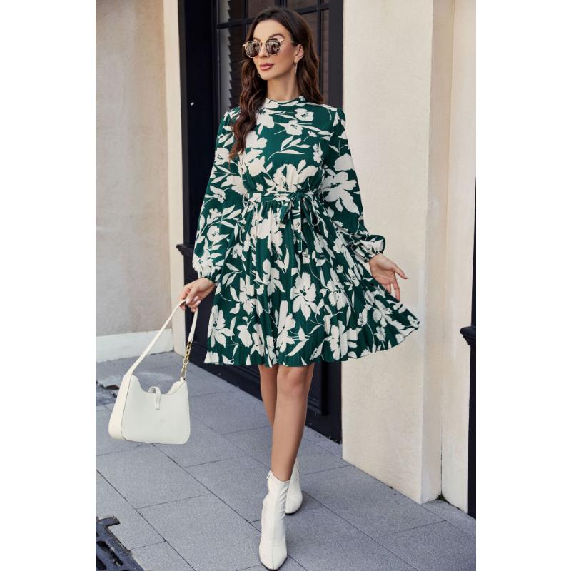 Women's Floral Print Long Sleeve Mini Dress Mock Neck Tie Waist Pleated A-Line Casual Dress for Daily Office Party
