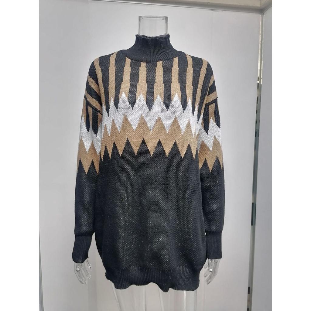 Women's Long Sleeve Turtleneck Geometric Pattern Loose Casual Sweater