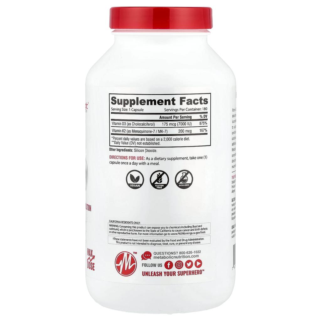 Metabolic Nutrition Витамин D3 + K2, 180 капсул