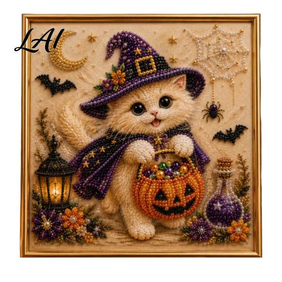 DIY Bead Art Crafts Halloween Witch Hat Cat 3D Pearl Painting Kit with Frame Hand-Pasted Craft for Adults Relaxing Handmade Kits Mosaic Home