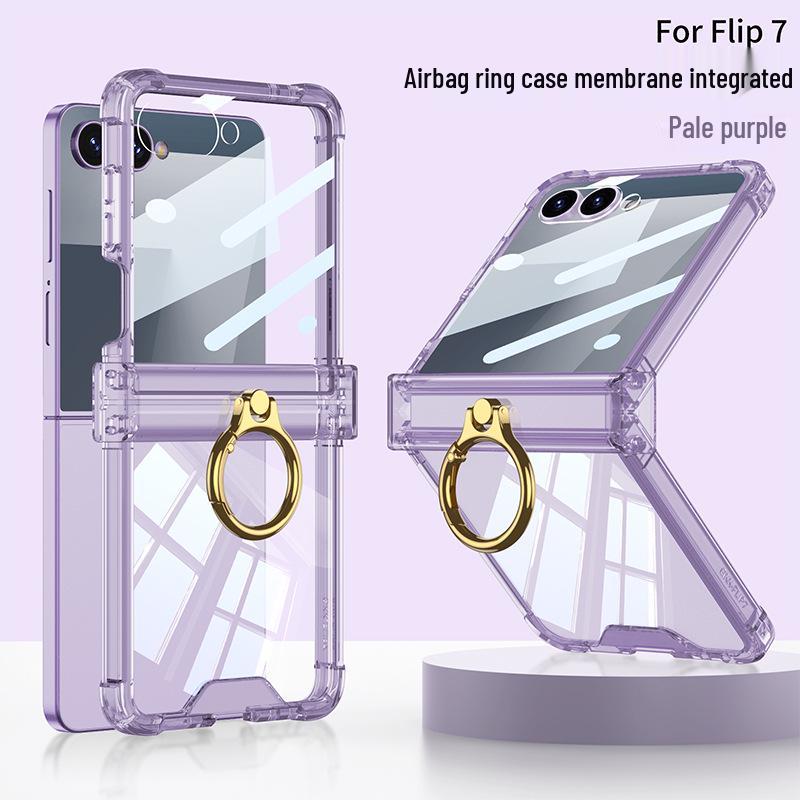 Защитный чехол на шарнир для Samsung zFlip7: Прозрачный чехол-аирбэг с полным покрытием и кольцом-держателем