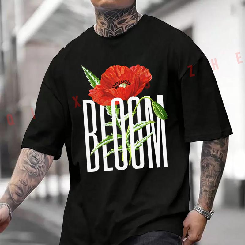 Flower Bloom Graphic Motorcycle Printed T-Shirt Men's Fashion Short Sleeve Exquisite Design Essential Top Tees