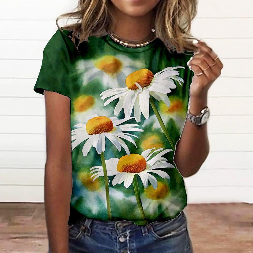 Летний топ с круглым вырезом и 3D-цветочным принтом, модные повседневные женские футболки с короткими рукавами
